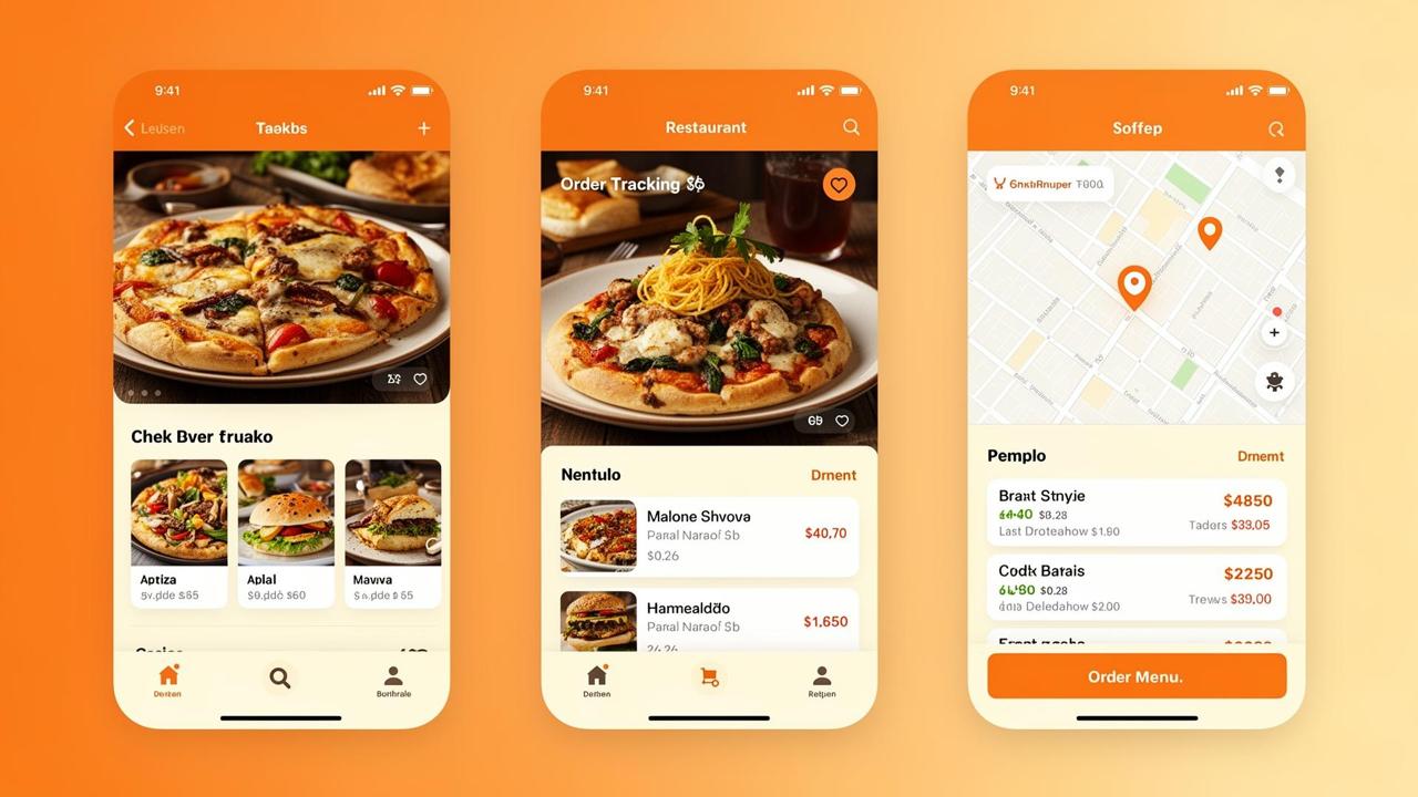 FeastBox food delivery app shown on three iPhones with restaurant browsing, order tracking, and checkout flows on an orange background