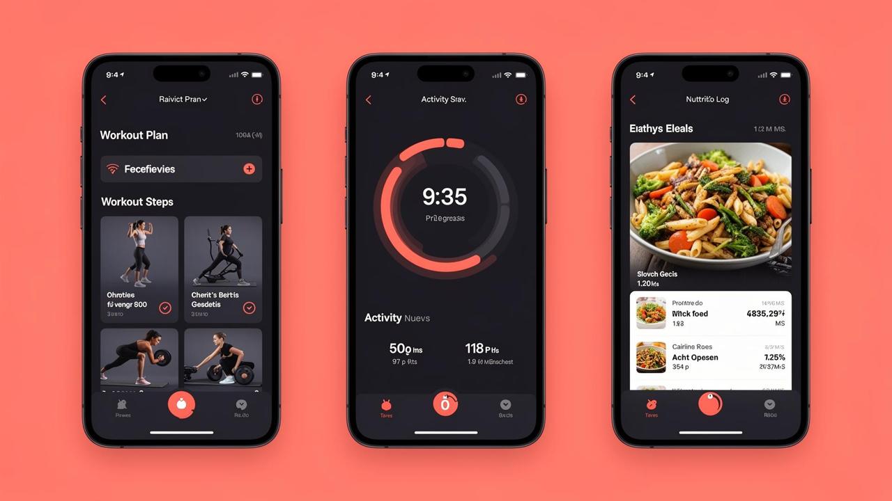 PulseTrack health and fitness app shown on three iPhones with workout plan, activity timer, and nutrition log screens on a coral background