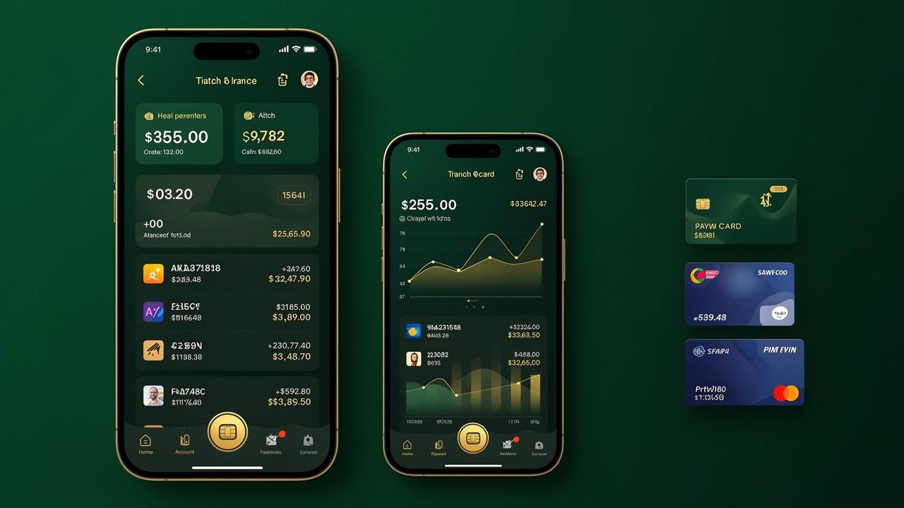 VaultPay fintech banking app shown on two iPhones with portfolio dashboards and a row of payment cards on a deep green background